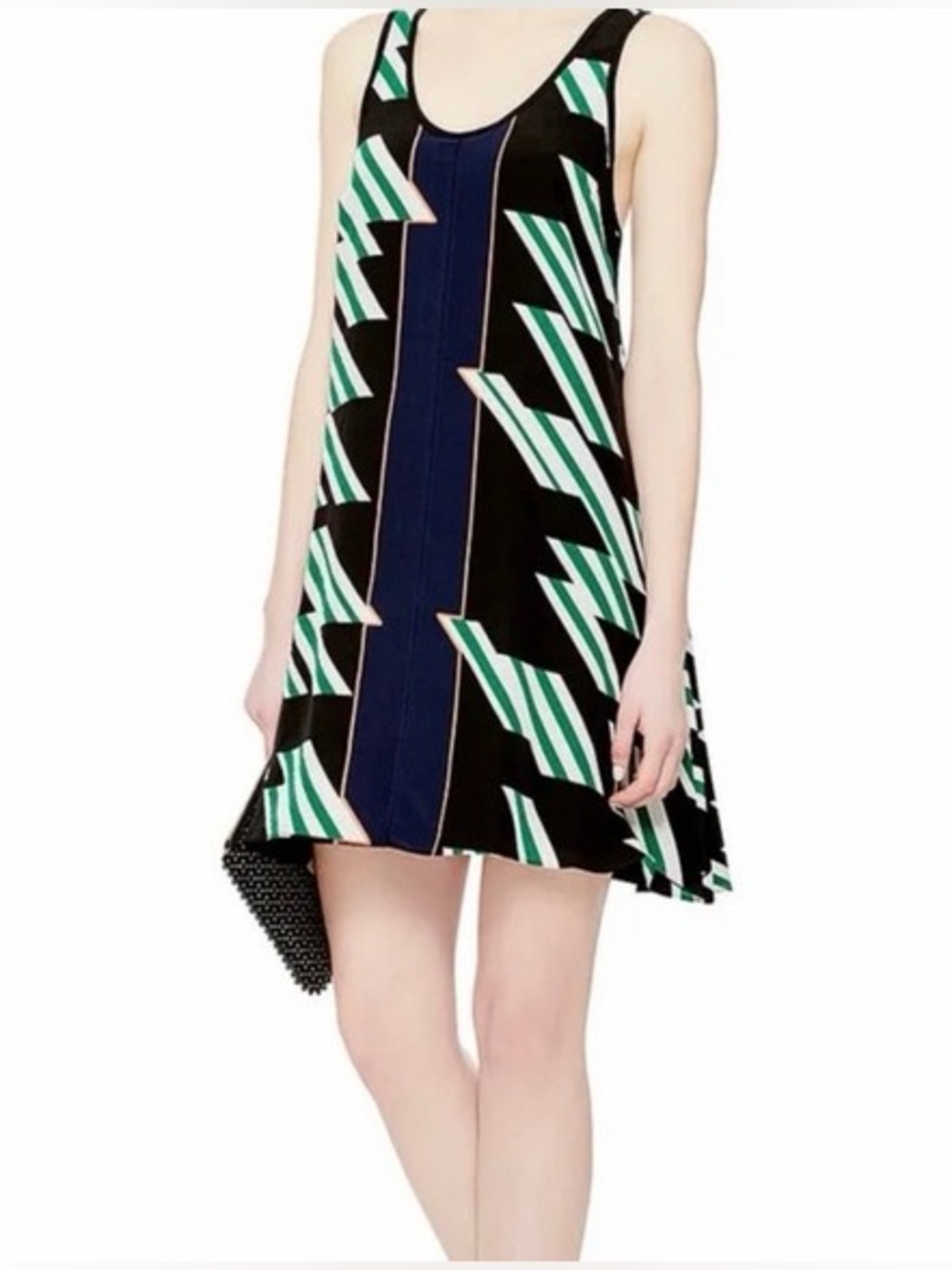 DEREK LAM 10 Silk CROSBY Dress Black Green Geometric Print Strappy Mini (127)